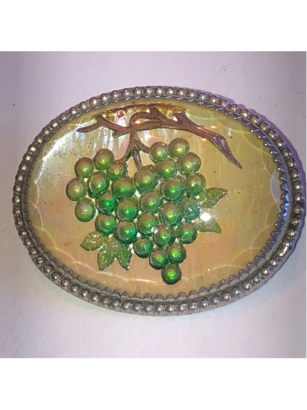 Vintage Grape Cluster Leaf Brooch Hand Painted Glass Intaglio 3D Brooch Pin